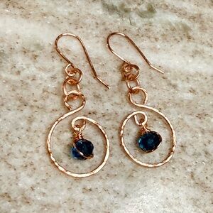 Hammered Copper Swan Hoops With London Blue Swarovski Crystals Accents